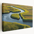 Stretched canvas wall art depicting a serene marsh landscape, featuring vibrant greens and reflective water, ideal for nature-themed decor or relaxation spaces.