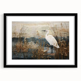 Framed wall art depicting a serene marsh landscape with lush greenery and reflective water, featuring a sleek black frame and matting, ideal for home decor.
