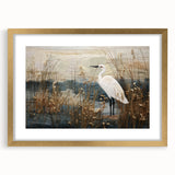 Framed wall art featuring a serene marsh landscape with lush greenery and tranquil water reflections, encased in a stylish gold frame, perfect for home decor.