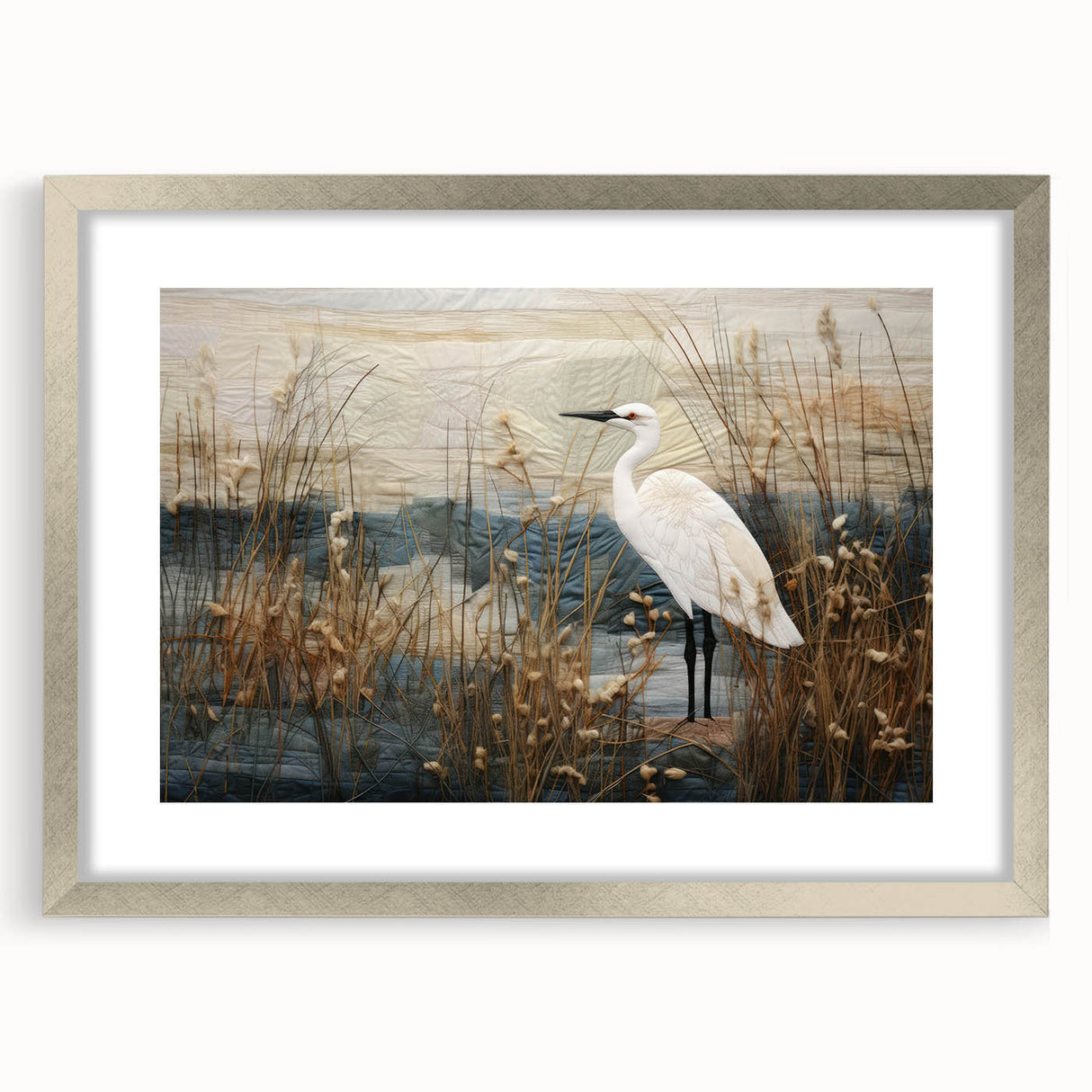 Elegant silver-framed wall art showcasing a serene marshland and swamp landscape design, perfect for enhancing home decor with nature-inspired aesthetics.