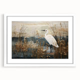 Framed wall art depicting a serene marsh landscape with lush greenery and reflections in water, featuring a white mat and sleek design, ideal for home decor.