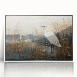 Framed wall art featuring a serene marsh landscape design with vibrant greens and blues, displayed in a sleek white frame, ideal for enhancing home decor.