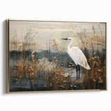 Framed wall art depicting a serene marsh landscape with lush greenery and a tranquil waterway, featuring a gold frame that enhances the artwork's elegance. Ideal for nature lovers and home decor enthusiasts seeking to add a touch of tranquility to their space.
