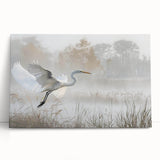 Stretched canvas artwork depicting a serene marsh landscape with vivid greens and soft blues, ideal for nature-inspired home decor. Perfect for creating a calming atmosphere.