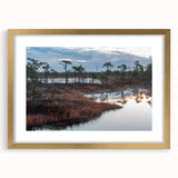 Framed wall art featuring a serene marsh landscape with vibrant greenery and a reflective water surface, accented by a gold mat and frame, perfect for home decor.