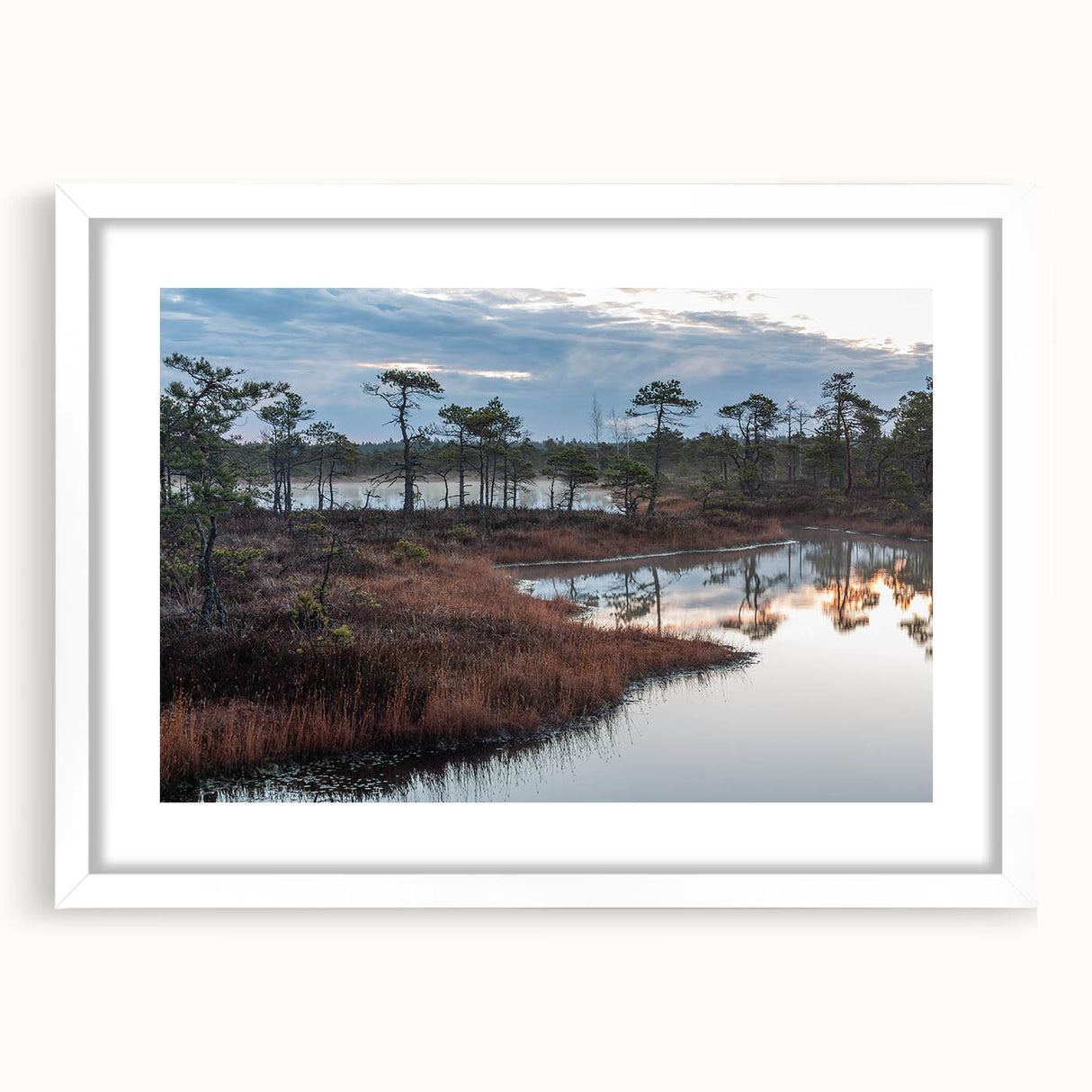 Framed wall art showcasing a vibrant marsh landscape with rich greens and blues, featuring a white mat for an elegant presentation, perfect for home decor.