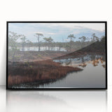 Framed acrylic wall art showcasing a serene marsh landscape with vibrant greens and blues, designed to enhance modern home decor with a touch of nature.