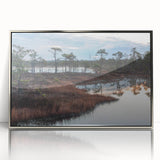 Framed wall art collection depicting a serene marsh landscape with rich greens and blues, featuring acrylic glass and a sleek silver frame, perfect for modern décor.