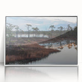 Framed acrylic wall art depicting a serene marsh landscape with lush greenery and tranquil water reflections, designed to enhance home decor with a nature-inspired aesthetic.
