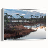 Framed canvas wall art featuring a serene landscape of a marsh and swamp design, showcasing lush greenery and reflective water, ideal for nature-inspired decor.