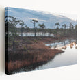 Vibrant stretched canvas wall art depicting a serene marsh landscape with lush greenery and reflective water, perfect for nature-inspired decor.