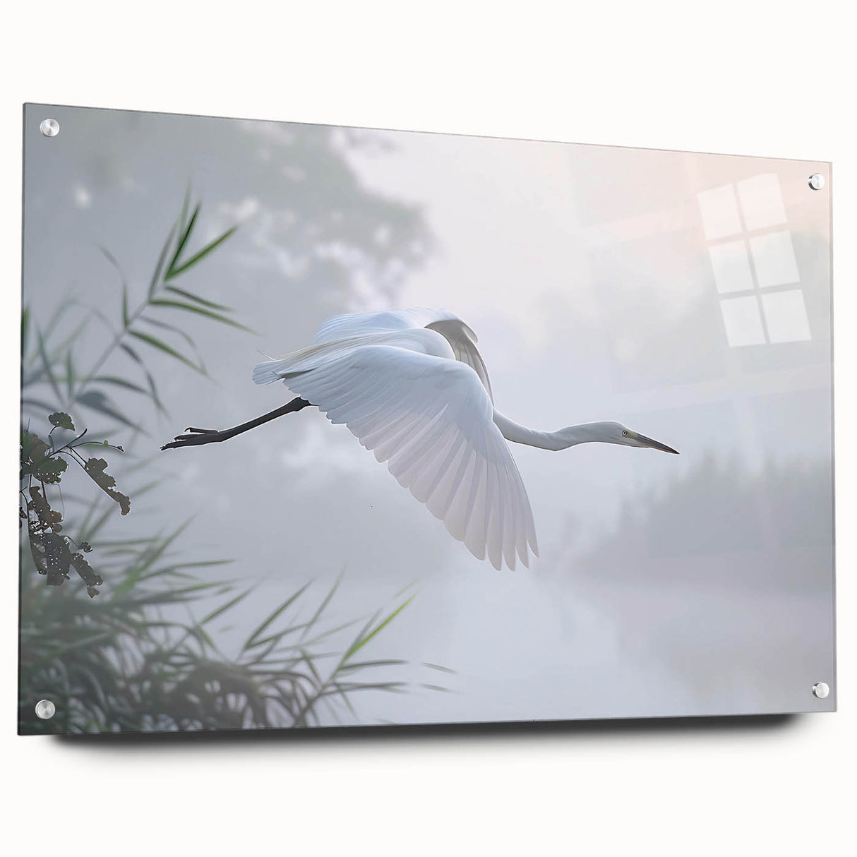 Side view of a modern acrylic glass wall art piece showcasing a vibrant marsh and swamp landscape, elegantly displayed with decorative pins, ideal for nature-themed decor.