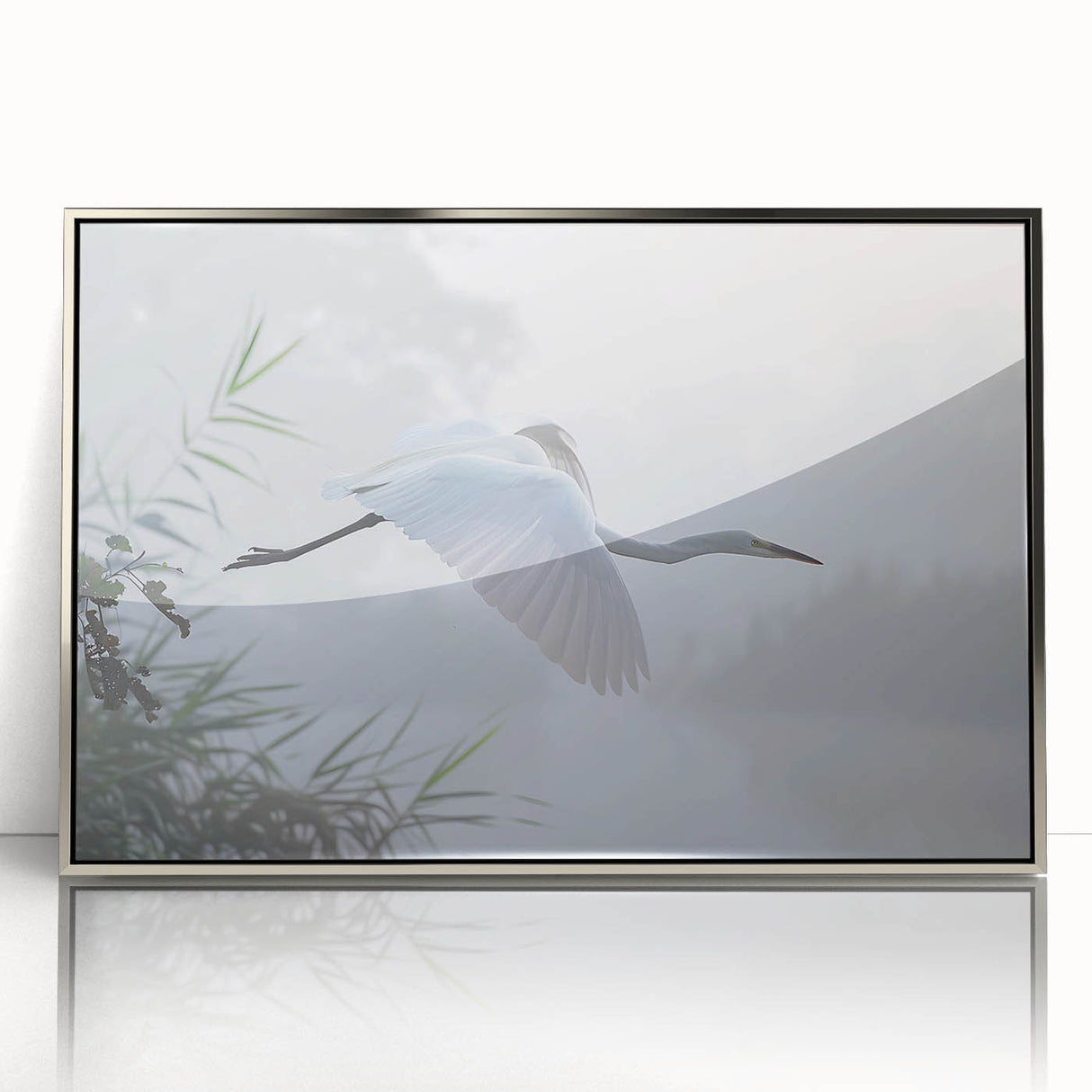 Framed wall art collection showcasing a serene marsh landscape with lush greenery and tranquil water, presented in a sleek silver frame, perfect for home decor.