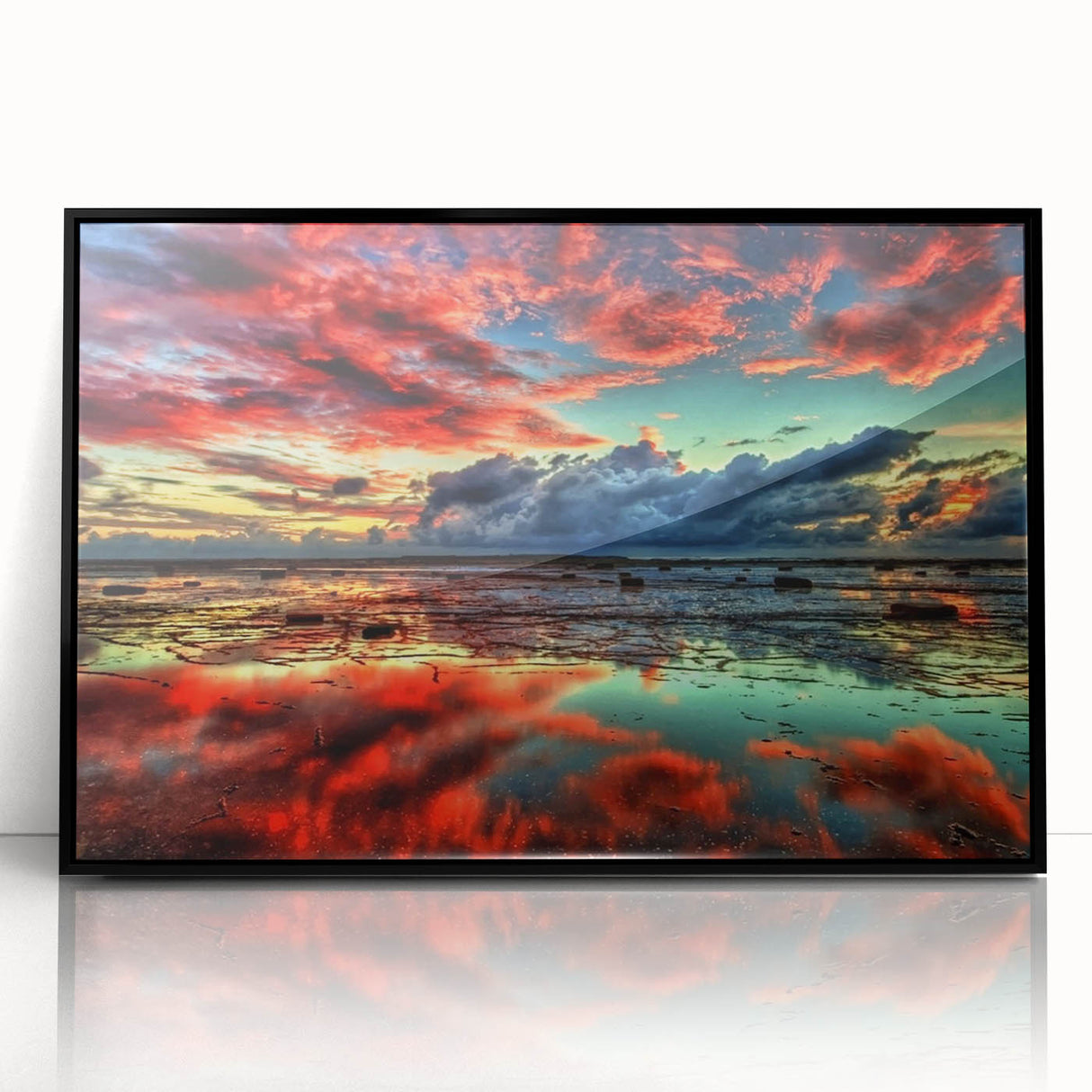 Framed wall art showcasing a serene marsh landscape with vibrant greenery and reflective water, presented in a sleek black frame, perfect for home decor.