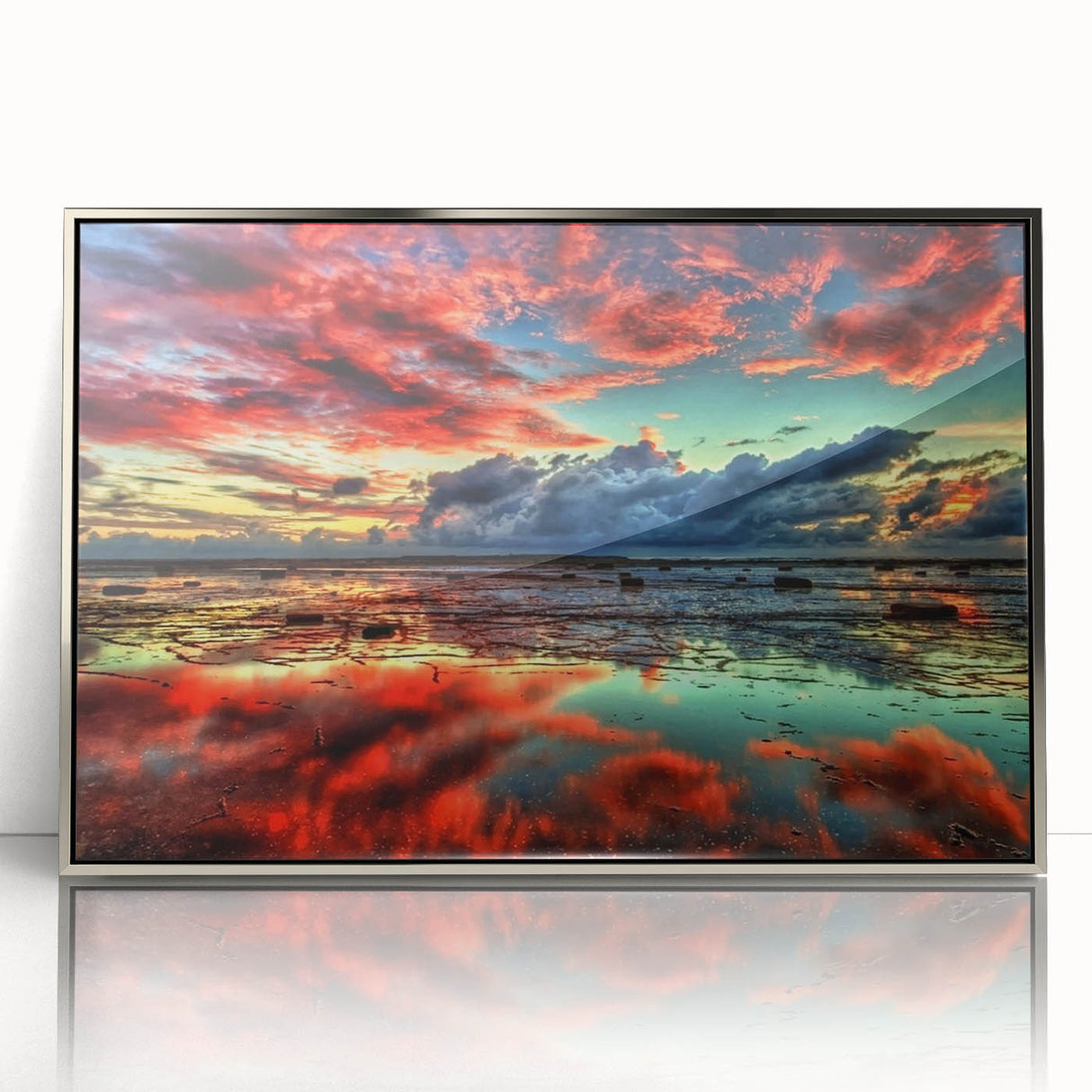 Framed wall art featuring a serene marsh landscape design with vibrant greenery, set in a sleek silver frame, ideal for enhancing home decor.
