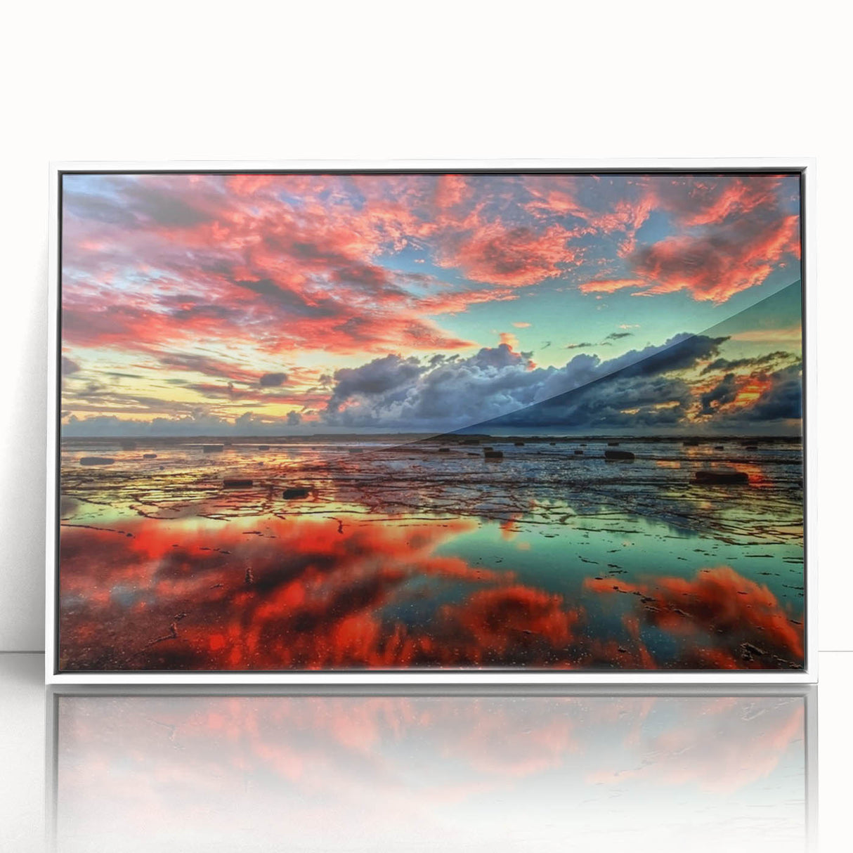 Framed wall art featuring a serene marsh landscape with vibrant greens and blues, showcasing a tranquil swamp scene, ideal for nature-inspired decor.