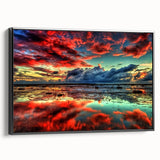 Framed canvas wall art showcasing a serene marsh landscape with lush greenery and calm waters, featuring a sleek black frame, perfect for nature-inspired decor.