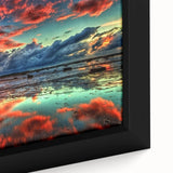 Close-up of a framed canvas wall art piece showcasing a tranquil marsh landscape with vibrant greens and soft blues, perfect for nature-themed decor.