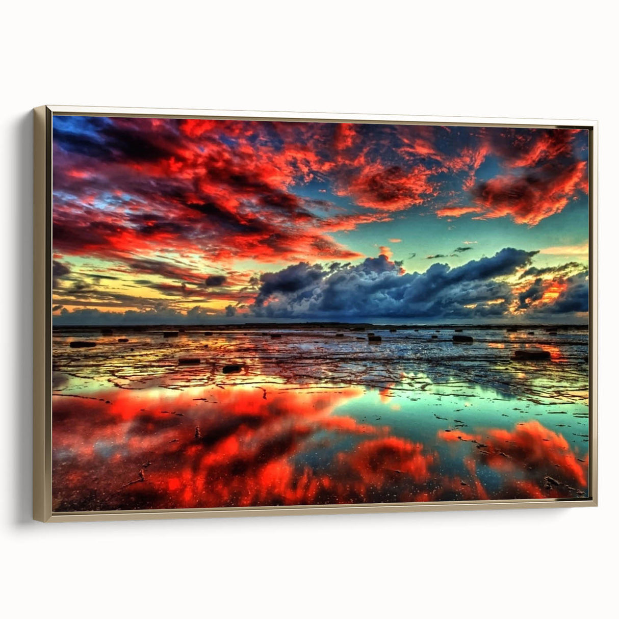 Framed canvas wall art depicting a serene marsh landscape with vibrant greenery and soft gold accents, perfect for enhancing home decor with a touch of nature.