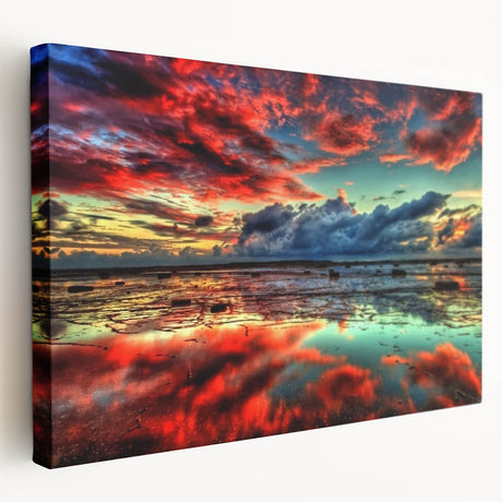 Stretched canvas wall art showcasing a serene marsh landscape with lush greenery and reflective water, perfect for nature-themed decor. Ideal for home or office settings.