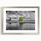 Framed wall art showcasing a serene marsh landscape with lush greenery and tranquil water, highlighted by a silver frame and mat for an elegant finish. Ideal for nature enthusiasts and home decor lovers seeking a calming atmosphere.