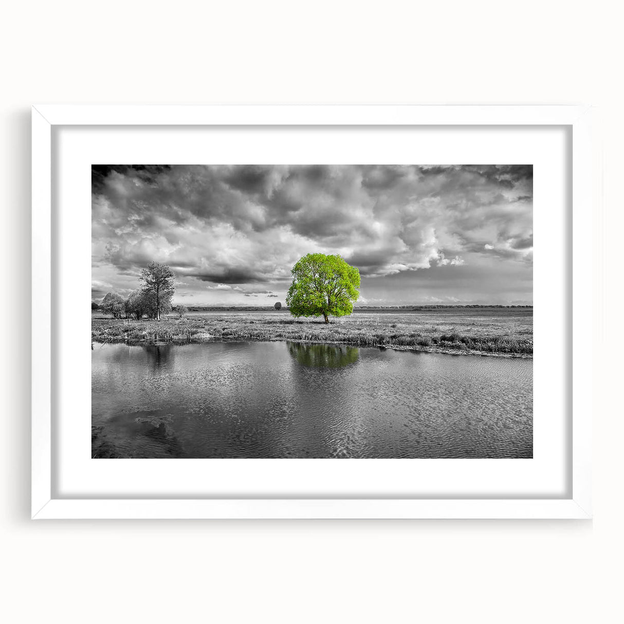 Framed wall art featuring a serene marsh landscape design with a white mat, showcasing vibrant greenery and tranquil water reflections, perfect for home decor.