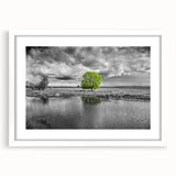 Framed wall art featuring a serene marsh landscape design with a white mat, showcasing vibrant greenery and tranquil water reflections, perfect for home decor.