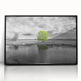 Framed wall art featuring a serene marsh and swamp landscape design with vibrant greenery and a tranquil water scene, presented in a sleek black frame.