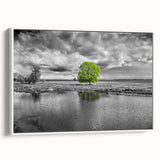 Framed canvas wall art featuring a tranquil marsh landscape with vibrant greens and blues, showcasing serene water reflections and lush vegetation, ideal for nature lovers.