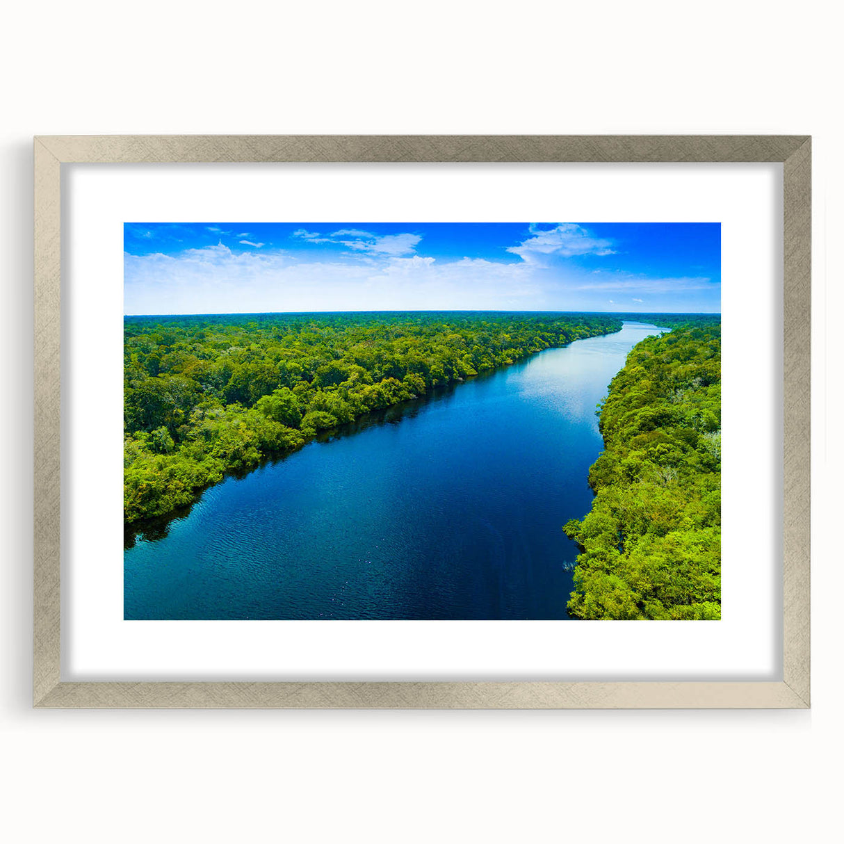 Framed wall art showcasing a serene marsh landscape with lush greenery and subtle reflections in water, featuring a silver mat and elegant frame design, ideal for home decor.