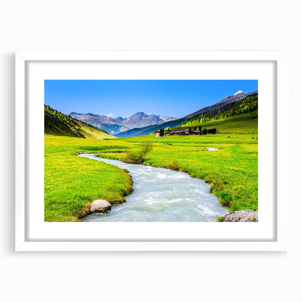 Framed wall art collection showcasing a serene marsh landscape with vibrant greenery and subtle water reflections, encased in a white mat and frame. Ideal for nature enthusiasts seeking tranquil decor.