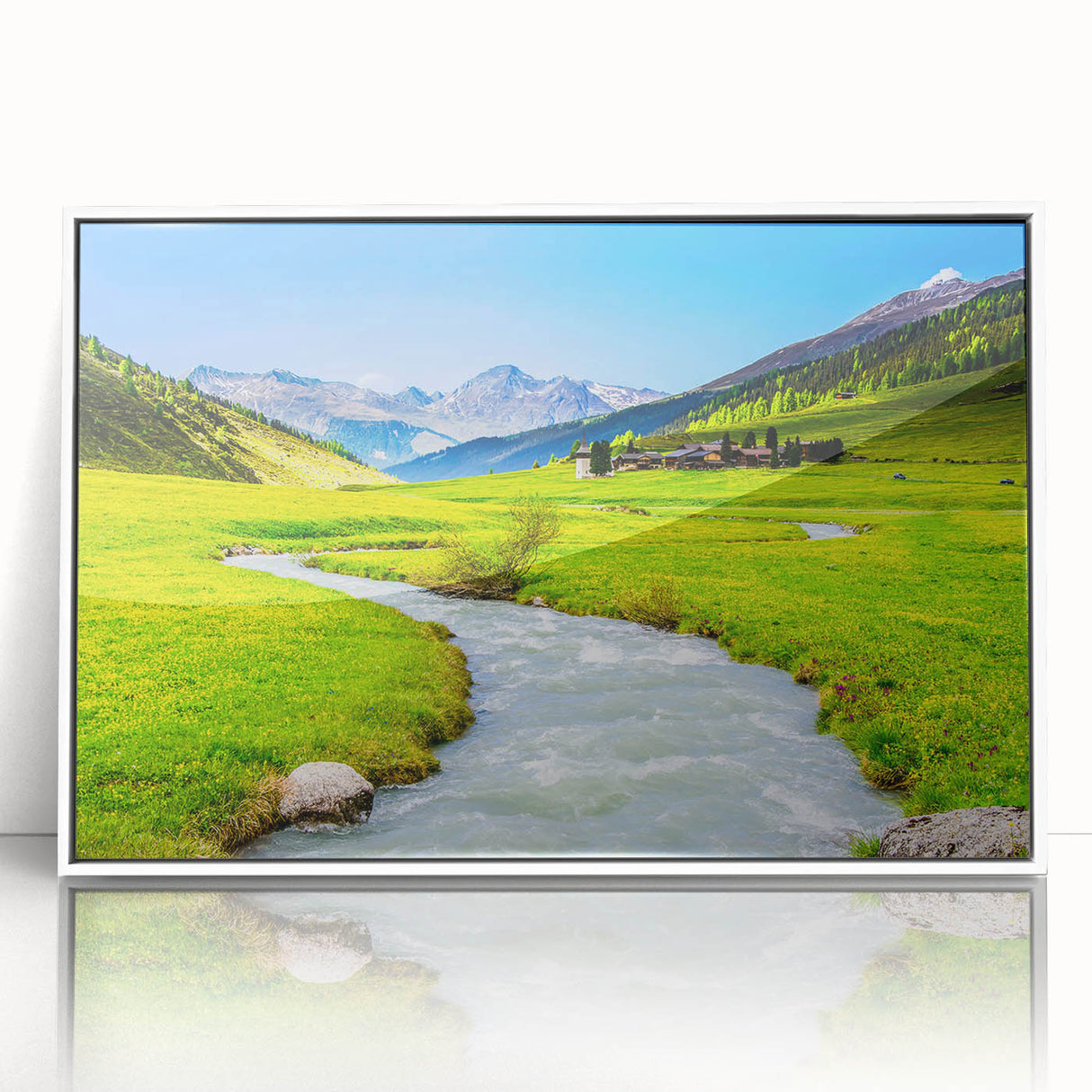 Framed acrylic wall art showcasing a serene marsh landscape with vibrant greens and blues, perfect for adding a touch of nature to any room decor.