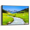 Framed canvas artwork depicting a serene marsh landscape with lush greenery and a tranquil swamp setting, finished in a sleek black frame. Ideal for nature lovers and home decor enthusiasts.