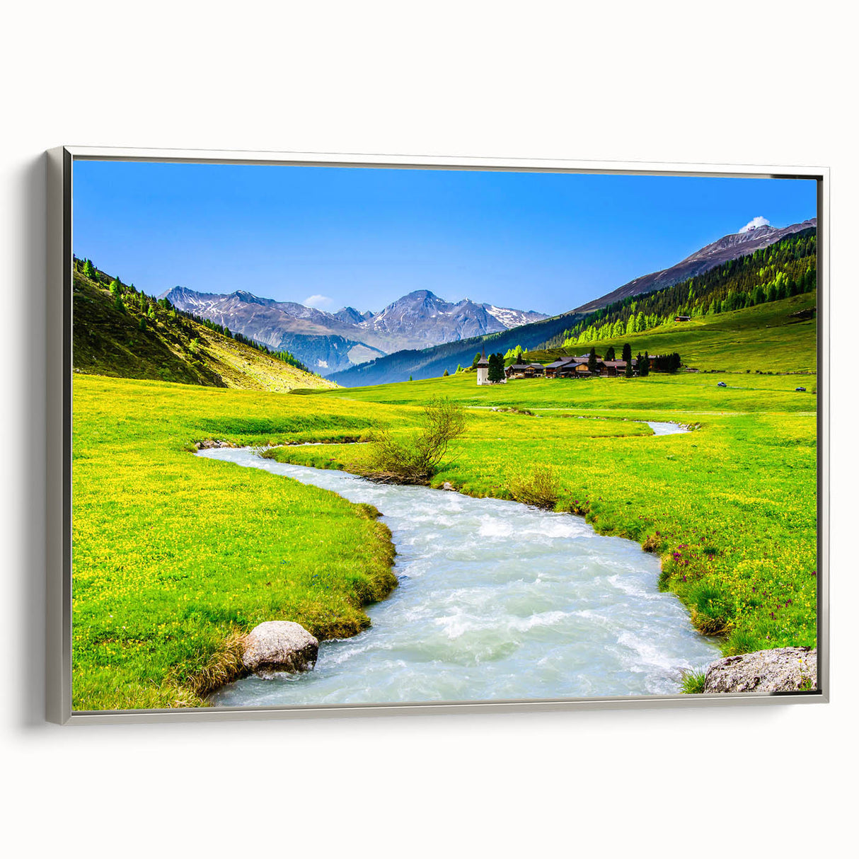 Framed canvas wall art depicting a serene marsh landscape with rich greens and blues, featuring delicate reflections in water, ideal for nature-inspired decor.