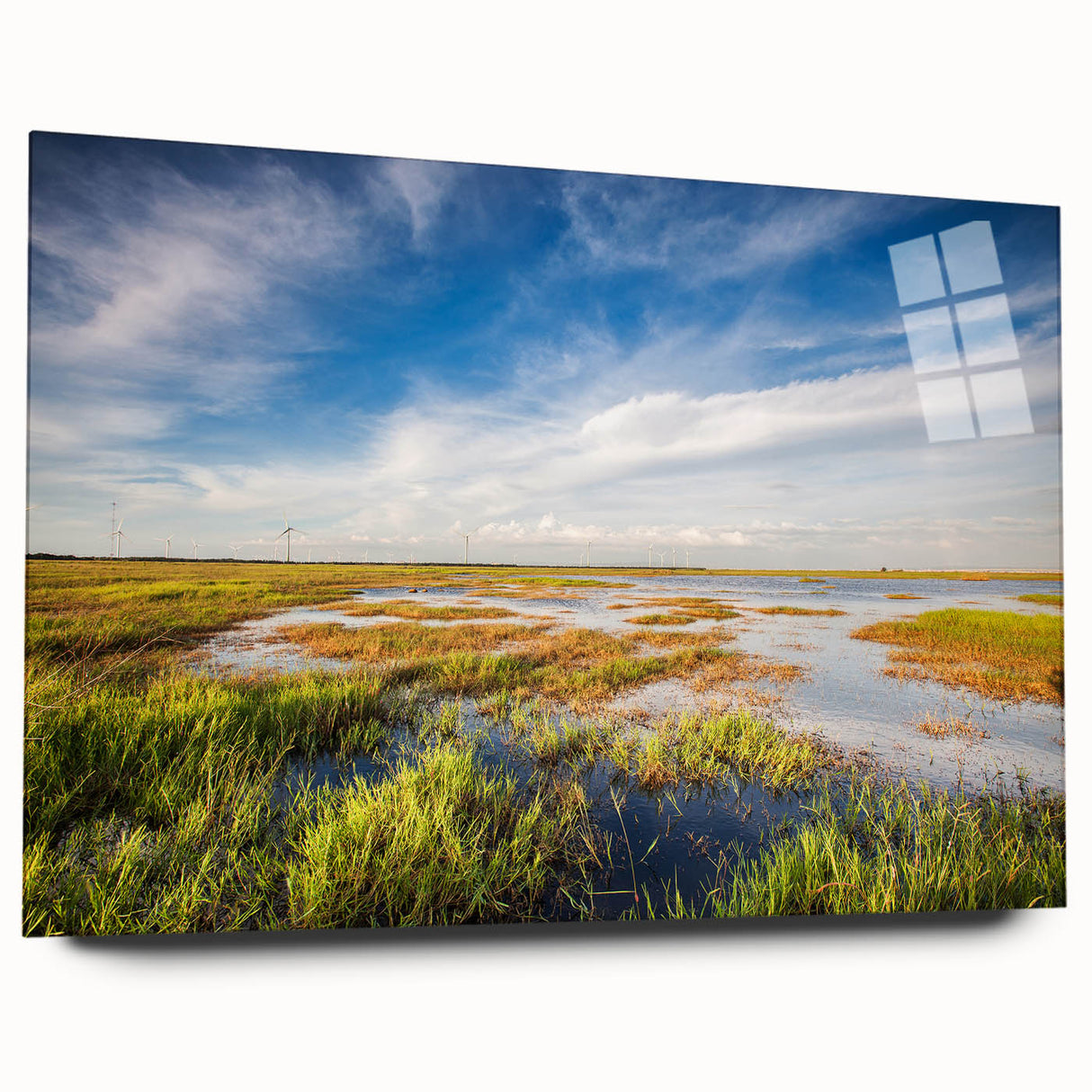 Acrylic wall art displaying a serene marsh landscape with lush greenery and tranquil water reflections, designed to enhance home decor and create a calming atmosphere.