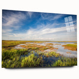 Acrylic wall art displaying a serene marsh landscape with lush greenery and tranquil water reflections, designed to enhance home decor and create a calming atmosphere.