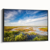 Framed canvas artwork depicting a serene marsh landscape with lush greenery and a tranquil swamp, showcasing earthy tones and intricate details, ideal for nature enthusiasts.