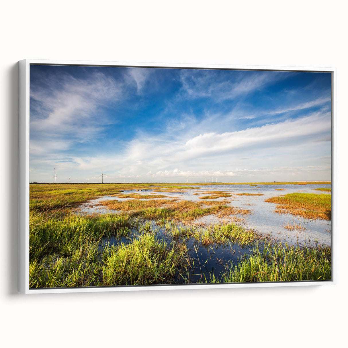 Framed wall art featuring a serene landscape of a marsh and swamp, showcasing lush greenery and tranquil water reflections, ideal for nature-themed decor.