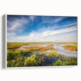 Framed wall art featuring a serene landscape of a marsh and swamp, showcasing lush greenery and tranquil water reflections, ideal for nature-themed decor.
