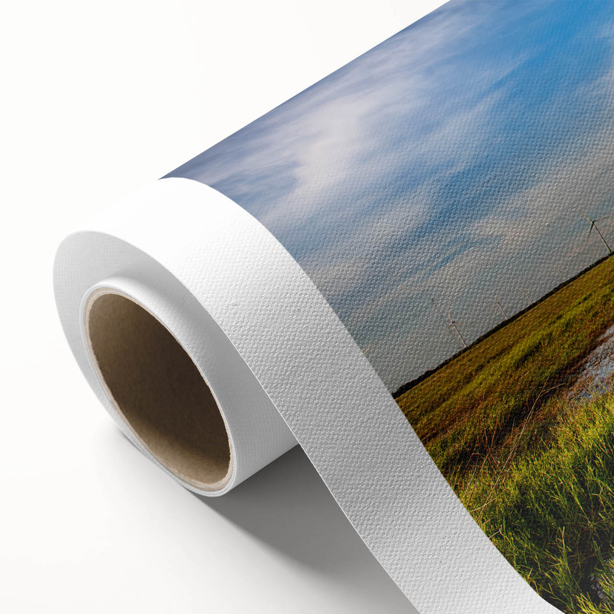 Rolled canvas artwork showcasing a serene marsh landscape with vibrant greens and subtle blue hues, perfect for nature-inspired home decor. Ideal for creating a calming atmosphere.