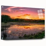 Side view of a modern wall art piece showcasing a vibrant marsh and swamp landscape design, crafted from acrylic glass and accented with decorative pins, ideal for enhancing contemporary interiors.