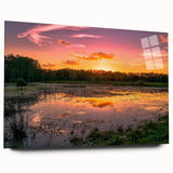 Acrylic wall art featuring a serene marsh landscape design, showcasing vibrant greens and blues, presented in a sleek side view without pins, ideal for nature-inspired decor.