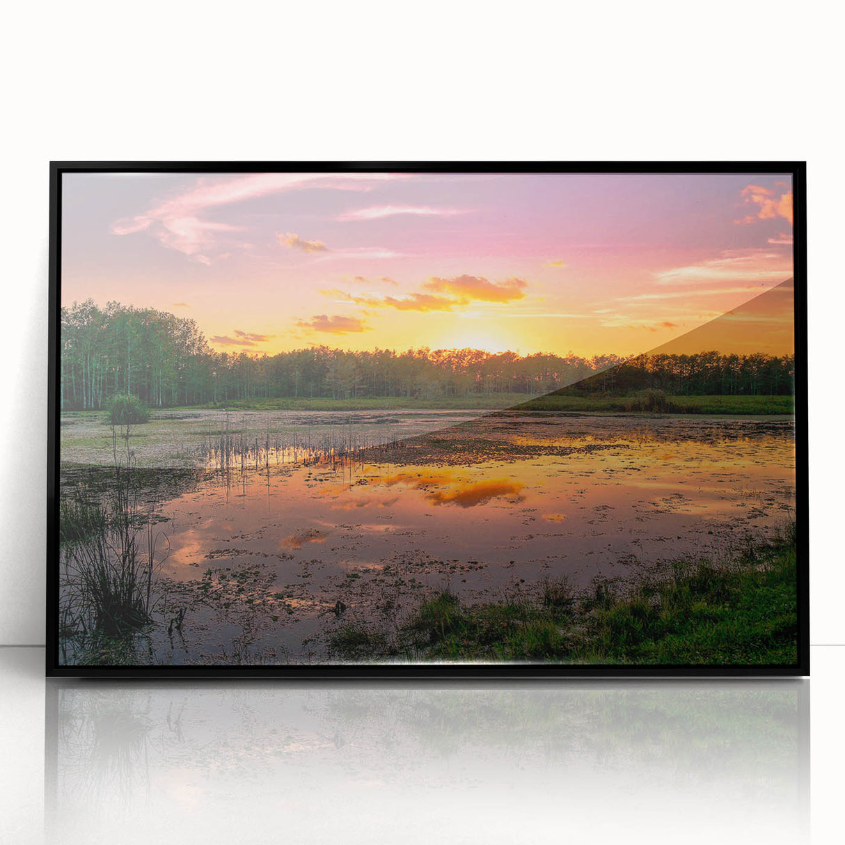 Framed wall art showcasing a serene marsh and swamp landscape, featuring vibrant greens and earthy tones, ideal for enhancing home decor with nature-inspired aesthetics.