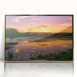 Framed acrylic wall art featuring a serene marsh landscape with rich green foliage and golden accents, ideal for enhancing home decor and nature-themed interiors.