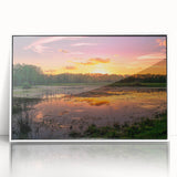 Framed wall art featuring a serene marsh landscape with vibrant greens and blues, showcasing nature's beauty in a modern acrylic design, ideal for home decor.