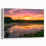 Framed canvas wall art depicting a serene marsh landscape with vibrant greens and soft blues, showcasing a tranquil swamp scene ideal for home decor.
