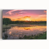 Vibrant stretched canvas artwork depicting a serene marsh landscape with lush greenery and reflective water, perfect for home decor and nature enthusiasts.