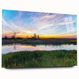 Acrylic wall art featuring a vibrant landscape design of a swamp with lush greenery and tranquil water, presented in a side view without pins, ideal for home decor.