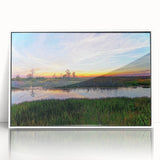 Framed acrylic wall art showcasing a serene marsh landscape with vibrant greens and calming blues, perfect for enhancing home decor in contemporary settings.
