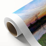 Vibrant rolled canvas artwork showcasing a serene marsh landscape with lush greenery and reflective water, ideal for nature lovers' home decor.